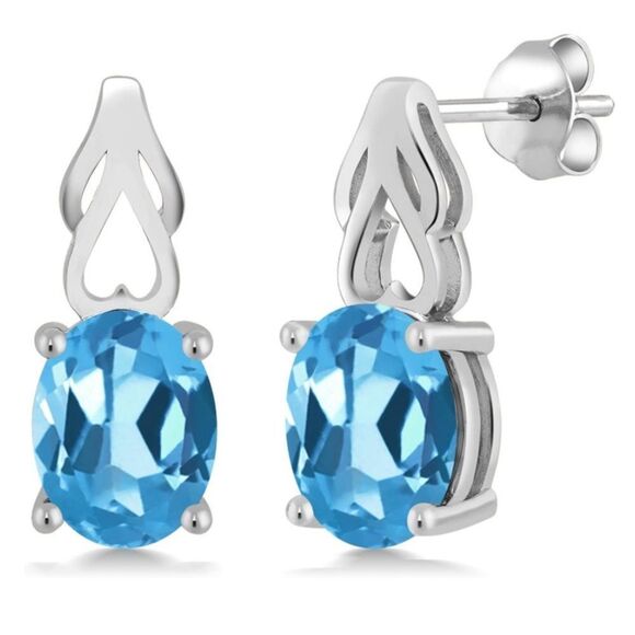 925 Sterling Silver with 3.60 Cttw Swiss Blue Topaz Oval Post Back Drop Earrings - Picture 1 of 4